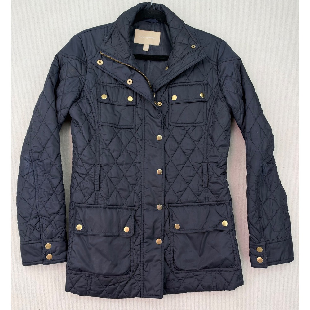 Banana Republic Women's Small Quilted Jacket Navy Blue Gold Snap Utility Coat